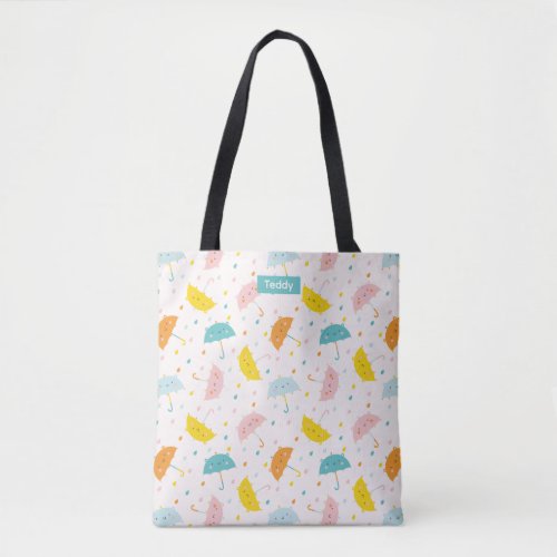 Cute Umbrellas and raindrops with Name Tote