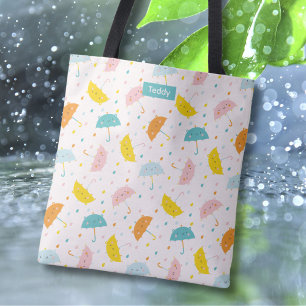 Cute Umbrellas and raindrops with Name Tote Bag
