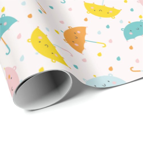 Cute Umbrellas and raindrops Wrapping Paper