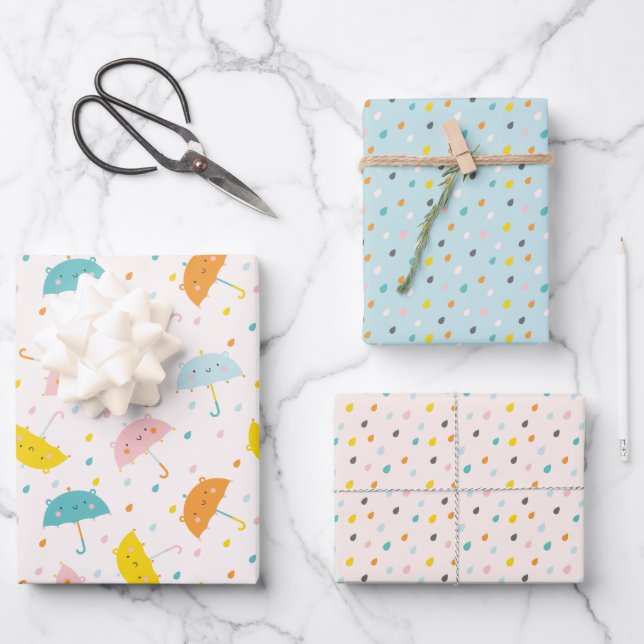 Cute Umbrellas and raindrops Wrapping Paper Sheets (Front)