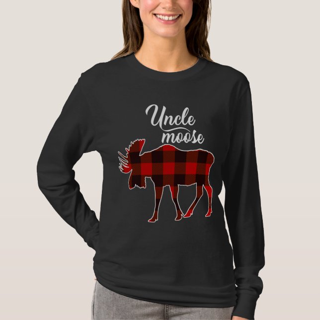Cute Uncle Moose- Red Plaid Christmas Matching Paj T-Shirt (Front)