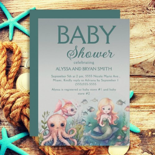 Cute Under Sea Mermaid Octopus Fish Baby Shower Invitation