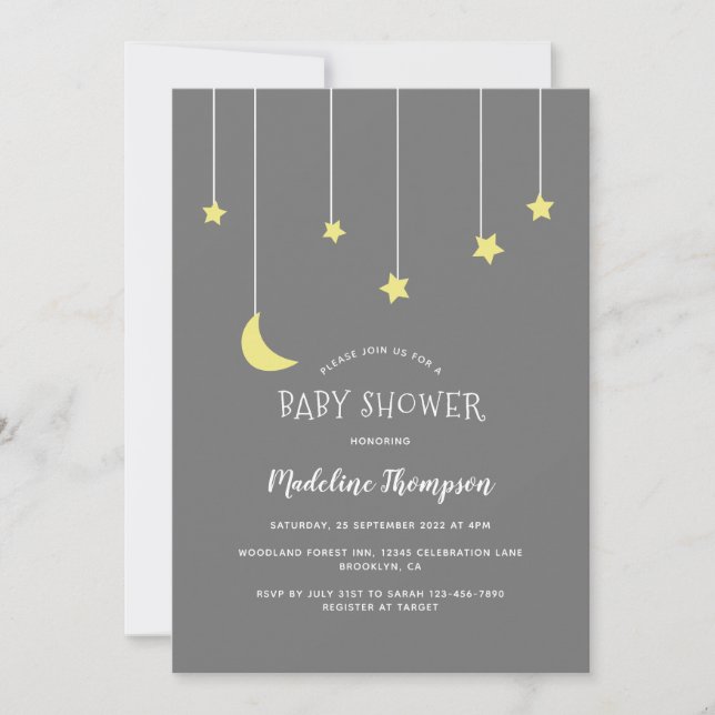 Cute Under the Moon Star Neutral Gray Baby Shower Invitation (Front)