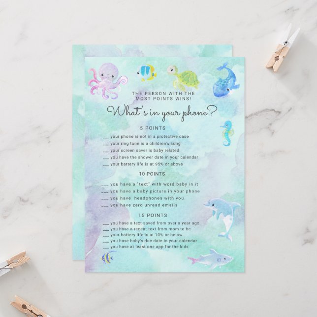 Cute Under the Sea Baby Shower Phone Game Card (Front/Back In Situ)