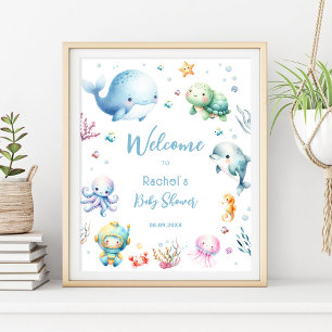 Cute Under The Sea Blue Baby Shower Welcome Poster