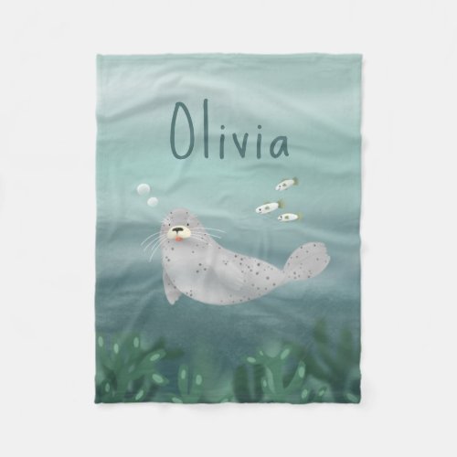 Cute Under the Sea Blue Ocean Seal Kids Fleece Blanket