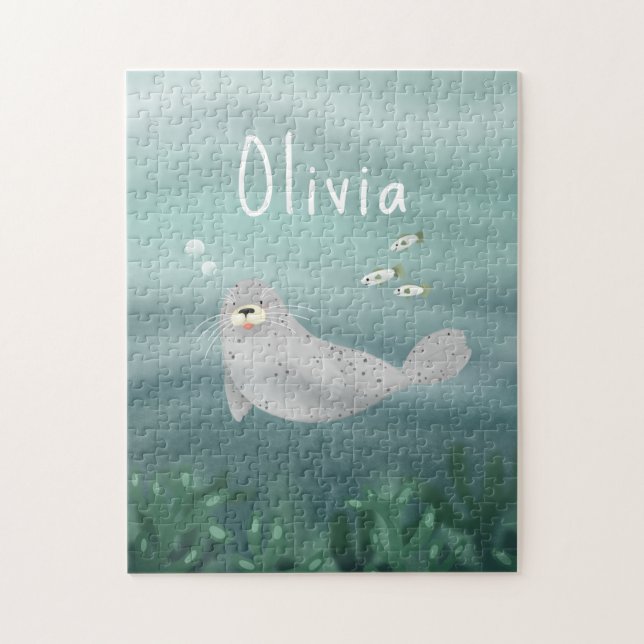 Cute Under the Sea Blue Ocean Seal Kids Jigsaw Puzzle (Vertical)