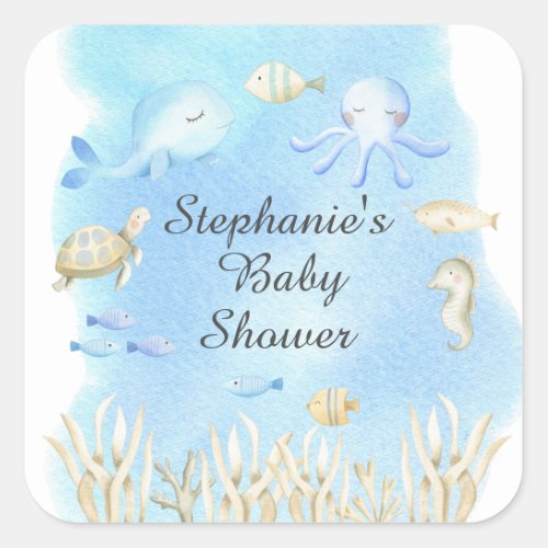 Cute Under the Sea Boys Baby Shower Favor Square Sticker