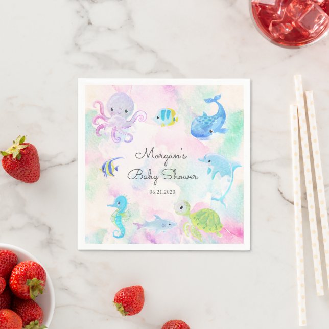 Cute Under the Sea Creatures Baby Shower Monogram Napkins (Insitu)