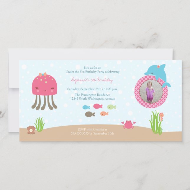 Cute under the Sea girls birthday party invitation (Front)