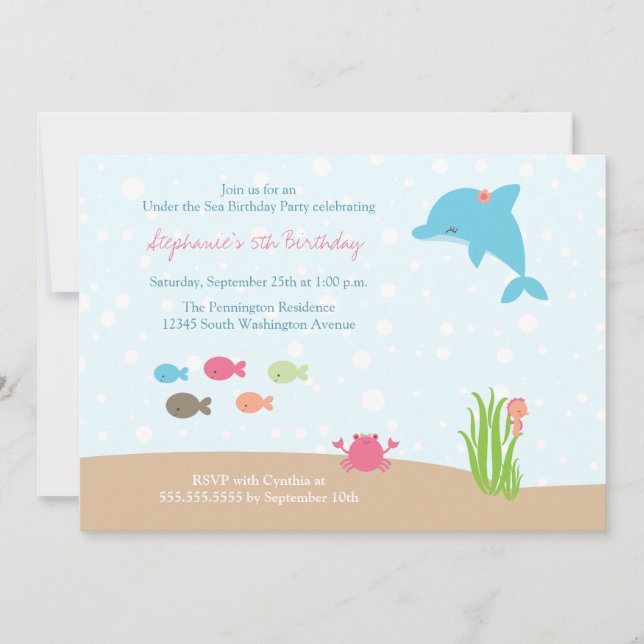 Cute under the Sea girls birthday party invitation (Front)