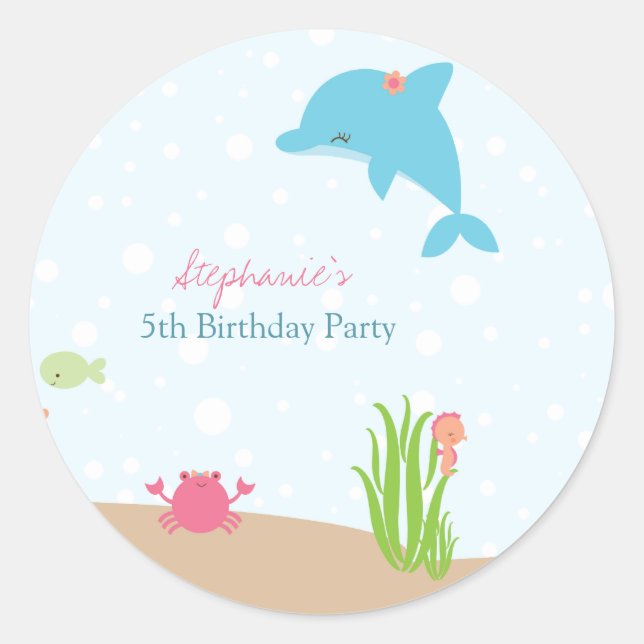 Cute under the Sea girls birthday party stickers (Front)