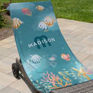 Cute Under the Sea Kids Name Beach Towel