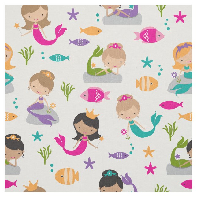 Cute Under the Sea Mermaid and Fish Fabric (Swatch)