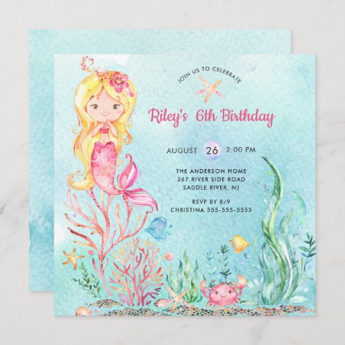 Cute Under the Sea Mermaid Birthday Invitation