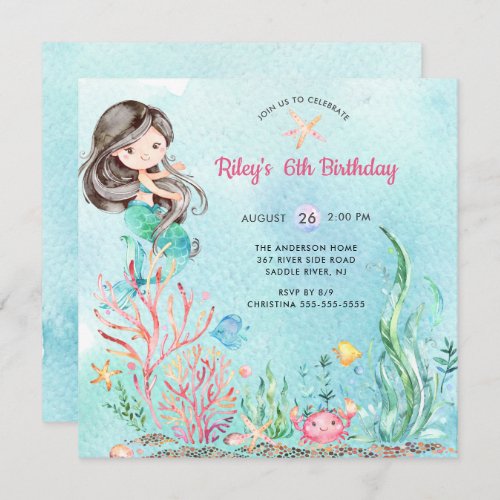 Cute Under the Sea Mermaid Birthday Invitation