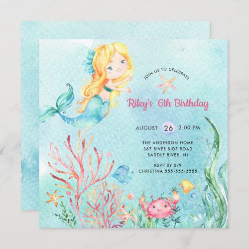 Cute Under the Sea Mermaid Birthday Invitation