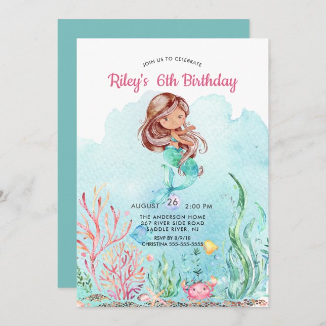 Cute Under the Sea Mermaid Birthday Invitation (Front/Back)