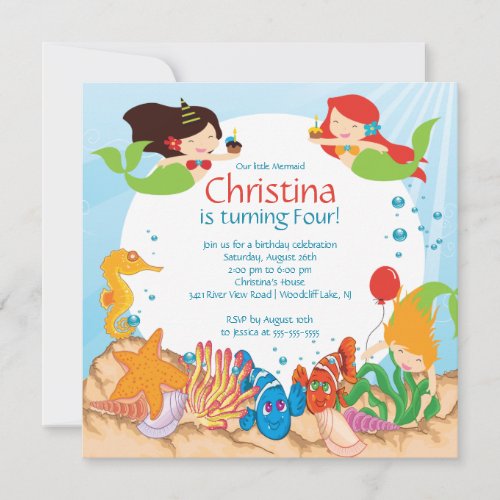 Cute Under The Sea Mermaid Birthday Invitation