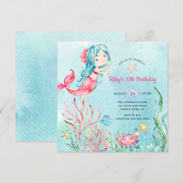 Cute Under the Sea Mermaid Birthday Invitation (Front/Back)