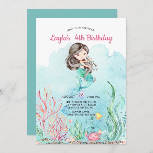 Cute Under the Sea Mermaid Birthday Invitation