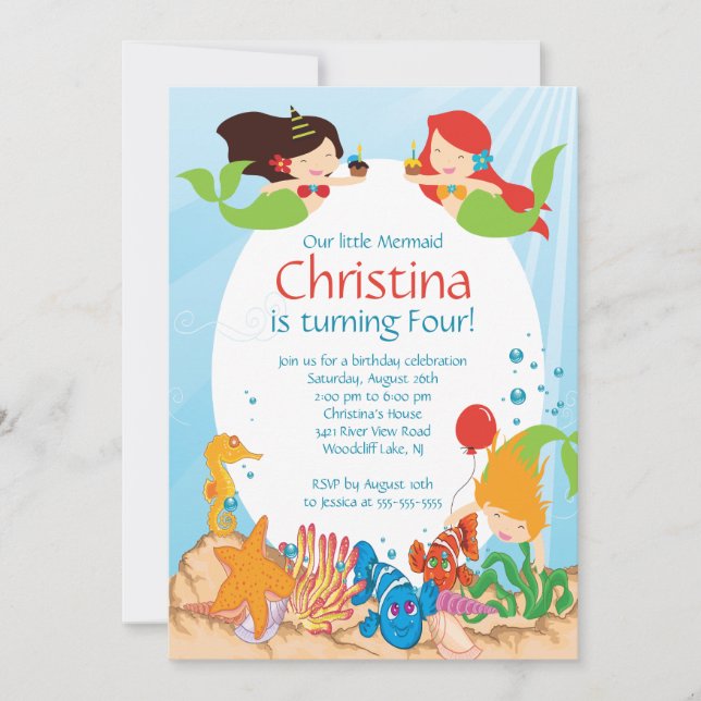 Cute Under The Sea Mermaid Birthday Invitation (Front)