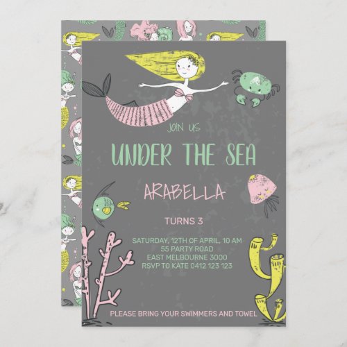 Cute Under The Sea Mermaid Birthday Invitation