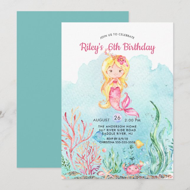 Cute Under the Sea Mermaid Birthday Invitation (Front/Back)
