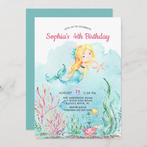 Cute Under the Sea Mermaid Birthday Invitation