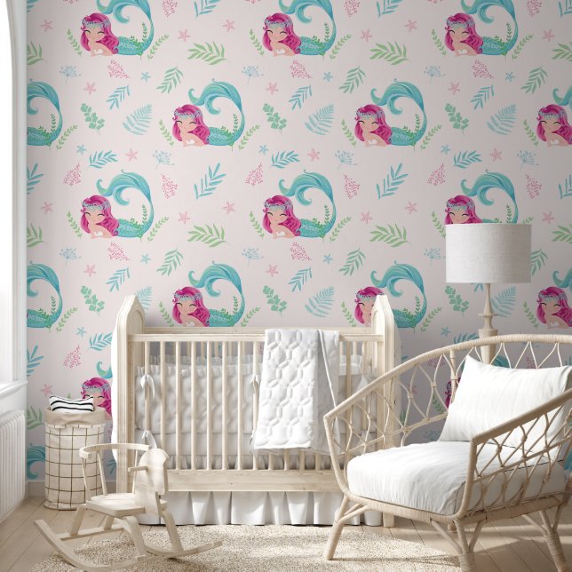 Cute Under the Sea Mermaid Blush Pink Nursery Wallpaper (Kids)