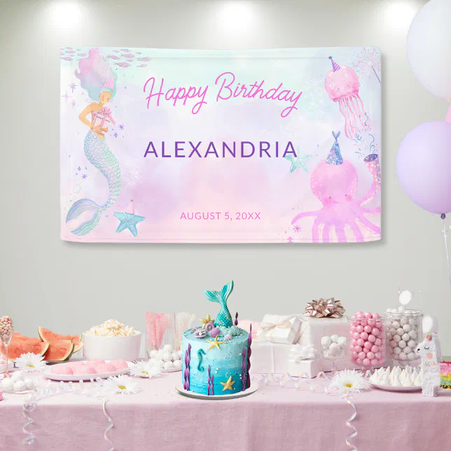 Mermaid Happy Birthday Banner – Purple Under The Sea Party Decor, Tear-Resistant Pennant Banner