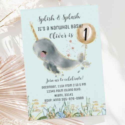 Cute Under the Sea Narwhal Birthday Invitation