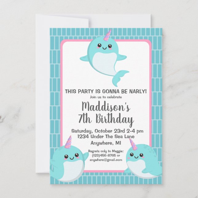 Cute Under The Sea Narwhal Birthday Invitation (Front)