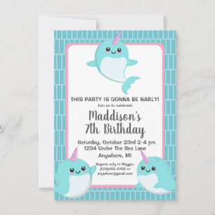 Cute Under The Sea Narwhal Birthday Invitation