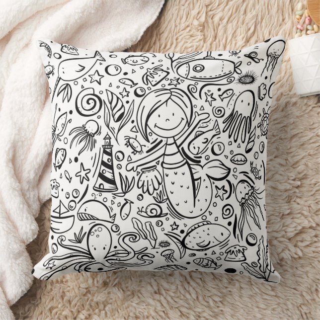Cute Under the Sea Nautical Mermaid  Throw Pillow (Blanket)