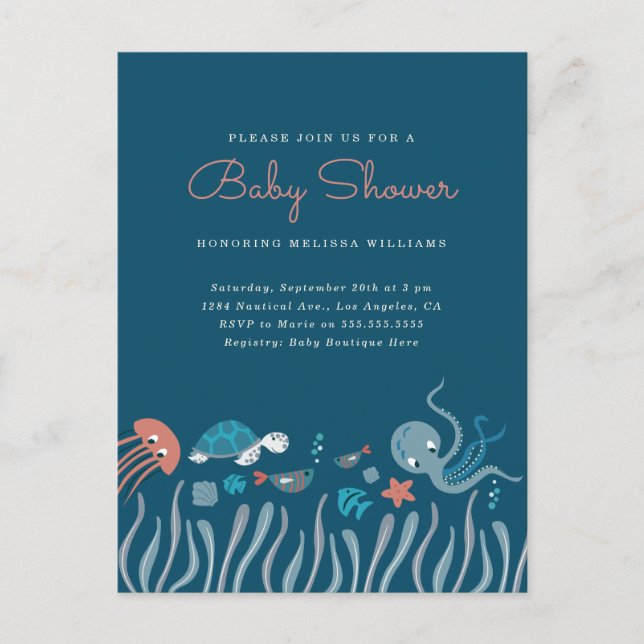 Cute Under The Sea Ocean Critters Baby Shower Invitation Postcard (Front)