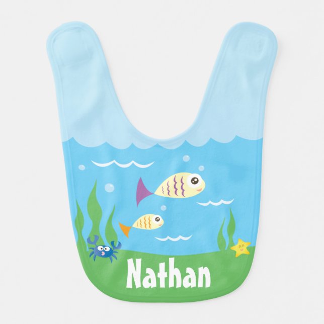 Cute Under The Sea Ocean Fish Starfish And Crab Baby Bib (Front)