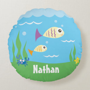Cute Under The Sea Ocean Fish Starfish And Crab Round Pillow
