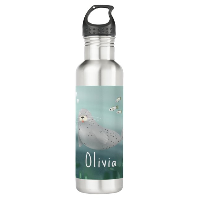 Cute Under the Sea Ocean Seal and Fish Kids School Stainless Steel Water Bottle (Front)