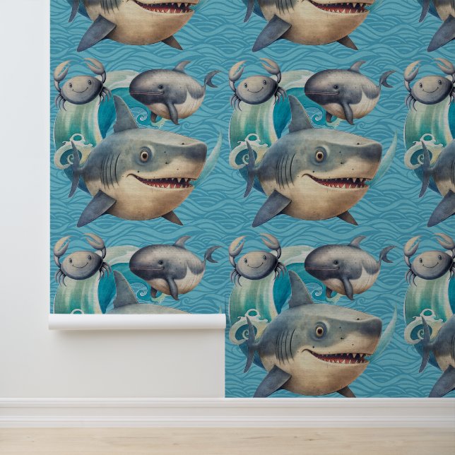 Cute under the sea shark whale crab ocean kids  wallpaper  (Application)