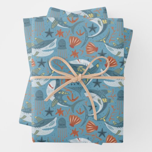 Cute Under The Sea Shell Boy Party Baby Shark Wrapping Paper Sheets