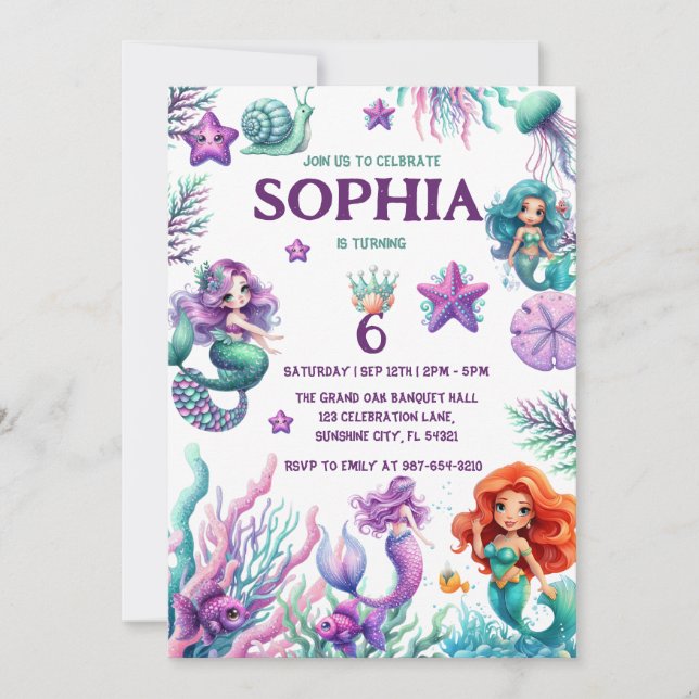 Cute Under the Sea,summer Mermaid Birthday girl I Invitation (Front)