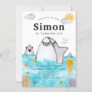 Cute Under the Sea Swimming Shark Ocean Birthday Invitation