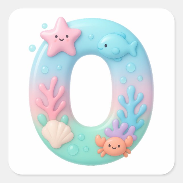 Cute Under The Sea Theme Cartoon Number 0 Square Sticker (Front)