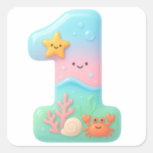 Cute Under The Sea Theme Cartoon Number 1 Square Sticker