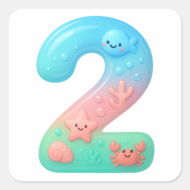 Cute Under The Sea Theme Cartoon Number 2 Square Sticker (Front)