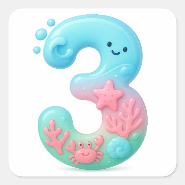 Cute Under The Sea Theme Cartoon Number 3 Square Sticker (Front)
