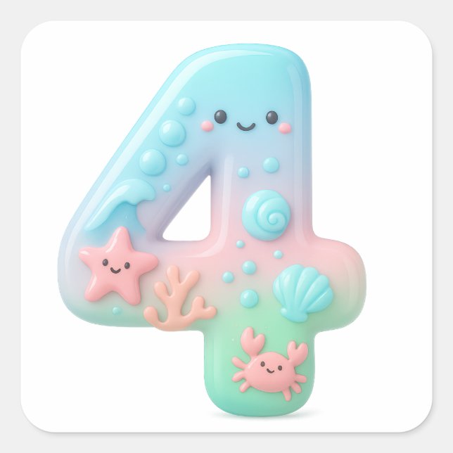 Cute Under The Sea Theme Cartoon Number 4 Square Sticker (Front)