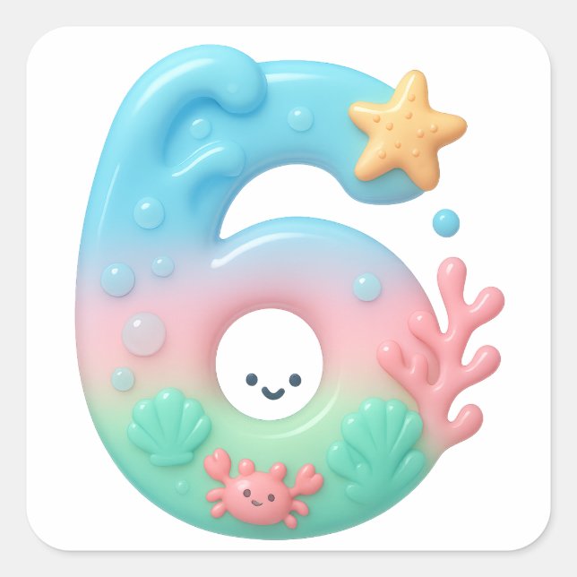 Cute Under The Sea Theme Cartoon Number 6 Square Sticker (Front)