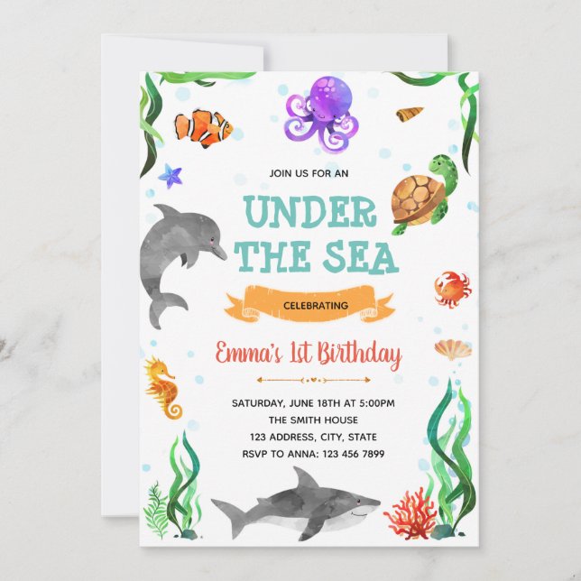 Cute under the sea theme party invitation (Front)